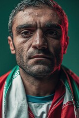 Obraz premium Iranian football fan with flag draped over shoulders and intense emotional expression