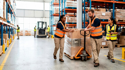 Obraz premium Diverse team of warehouse workers moving a pallet of boxes with a manual jack. Logistics and distribution center employees cooperating in high visibility vests. Supply chain teamwork