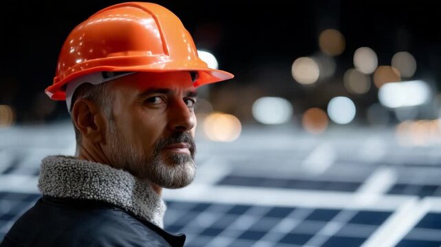 The Builder's Gaze: A focused engineer, donned in protective headwear, gazes intently, representing precision, expertise, and a dedication to the creation. 