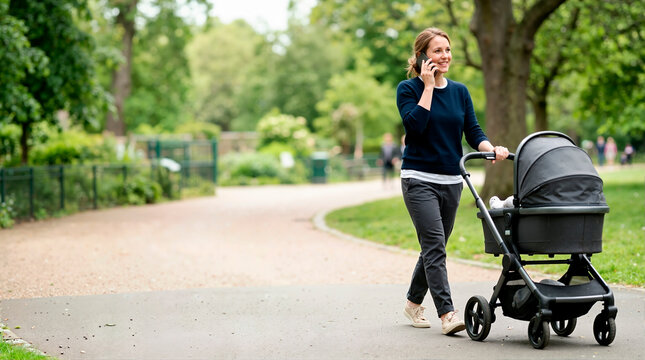 Smiling mother walking in a green park with a baby stroller while talking on a smartphone. Multitasking woman on a phone call outdoors. Active parenting lifestyle
