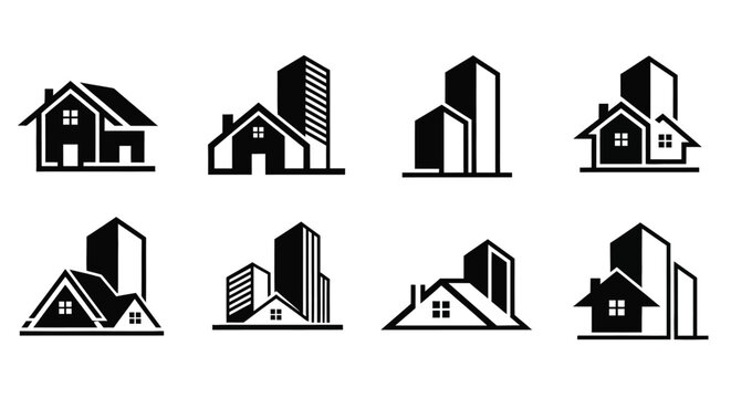Black and white house and skyscraper logo set