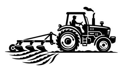 Bold farm tractor with plow silhouette icon showing agricultural field work in side perspective © Sabbir
