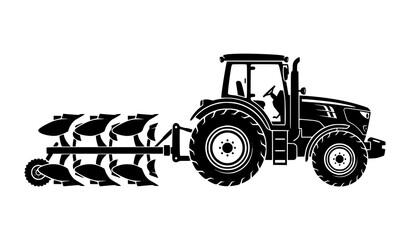 Creative farm tractor with plow icon in black silhouette with modern flat agricultural design © Sabbir
