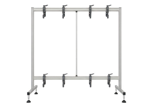 Industrial metal shelving unit with adjustable crossbars and feet isolated on transparent background
