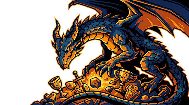 Fierce cinematic dragon guarding a vast hoard of gold coins, precious gems, and ancient artifacts, stylized illustration isolated on a transparent background, perfect for fantasy gaming art.