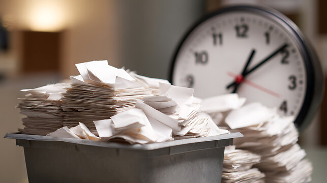 A close-up view of abundant paper waste and stacks of recycle documents with a blurred clock in the background, symbolizing time pressure and environmental responsibility