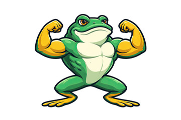Obraz premium Strong athletic green frog character, powerful bodybuilder toad flexing muscles with confidence and energy in a stylized vector design, isolated on a white background for versatile creative projects.