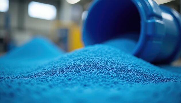 Blue plastic pellets spill from container onto floor. Raw material forms heap for industrial production. Granulate material creates mounds of small blue beads.
