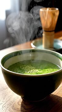Matcha green tea powder falling into ceramic bowl with steam rising slow motion
