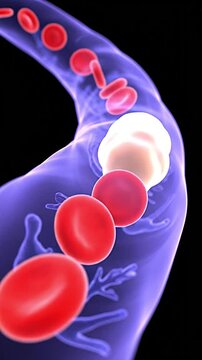 Red blood cells flowing through capillary vessel 3D medical visualization animation