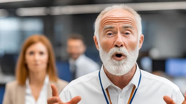 Expert's Guidance: A senior figure delivers a compelling speech to a gathering, conveying a message of authority and experience. Behind him, colleagues listen attentively.