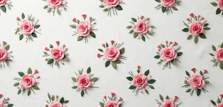 Minimalistic pattern of small pink rose embroidery motifs arranged on white linen fabric. Delicate floral elements create a charming and gentle repeat design for various craft and decor projects.