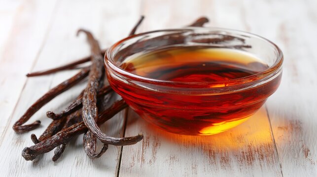 A glass bowl filled with vanilla extract placed on a white wooden table, showcasing a clean and minimal composition. The scene highlights the rich amber color .