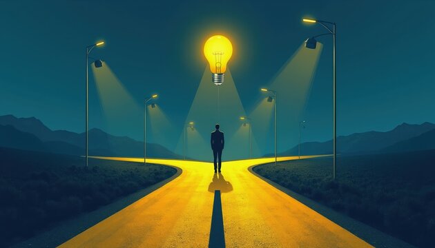 Man stands at road split deciding which path leads to bright idea lightbulb. Choices to take long or short way for work, learning, or success.