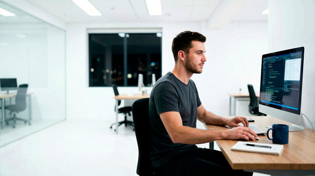 Young adult male programmer coding on a computer in a modern office. Focused software developer working late at night on a tech project