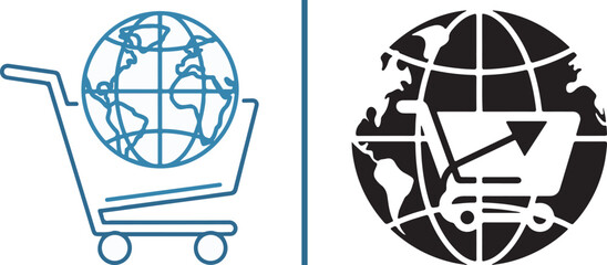 Global shopping cart icons in blue outline and black solid styles. Representing international e-commerce, worldwide trade, and market growth © reza