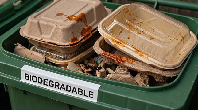 Envase ecol&oacute;gico compostable con residuo org&aacute;nico en contenedor biodegradable