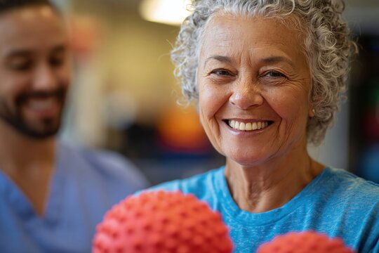 Senior woman rebuilding grip strength with occupational therapist using tactile rubber tools