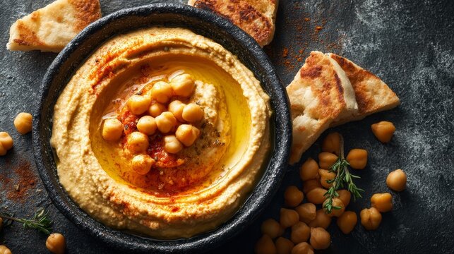 A close-up flat lay of hummus drizzled with olive oil, served alongside crispy bread. The composition emphasizes a healthy lifestyle.
