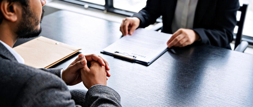 Over the Shoulder View of Applicant Seated at Table with Documents at Job Interview in Modern Office