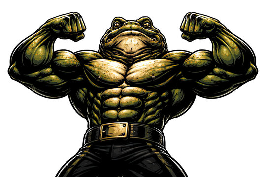Powerful muscular toad bodybuilder isolated on white background, cinematic illustration of a strong frog character showing off massive biceps and chest muscles for gym or fitness design projects.