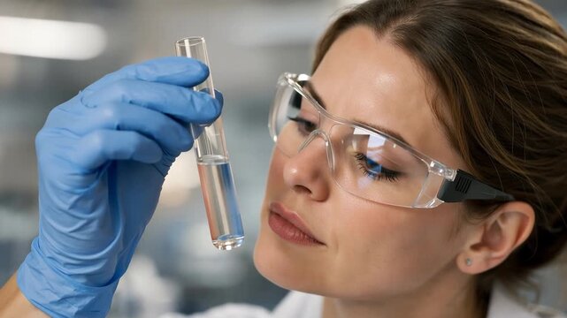 Female scientist wearing protective glasses and nitrile gloves, carefully examining the liquid contents of a glass test tube during a scientific experiment inside a modern laboratory