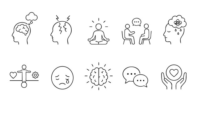 Line art mind and emotion icons set with collection thinking headache meditating serenity discussion conversation forgetting communication dialogue wellbeing psychology