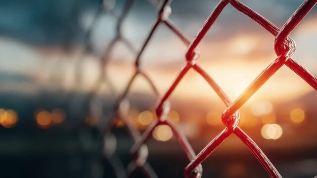 Chain Link Fence at Dusk: A close-up of a rusty chain-link fence in the foreground, with a blurred cityscape and sunset sky in the background, creating a mood of isolation and hope.