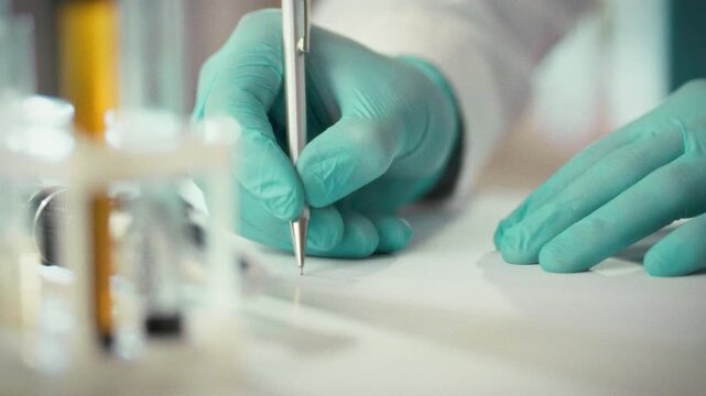In a laboratory filled with diverse substances, a researcher in protective clothing and a mask carefully writes the experimental results onto a paper form, documenting findings for analysis