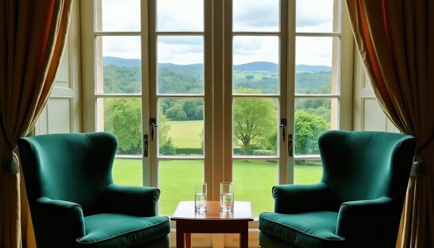 Two green armchairs face large bay windows with view of lush green rolling hills. Soft curtains frame the scene inside a luxury estate. Glasses of water sit on a small table.
