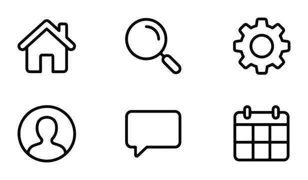 Set of six simple line art icons for various applications such as web design or mobile apps