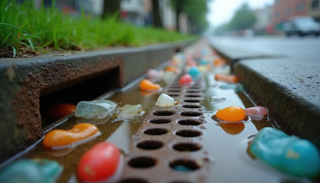 Colorful plastic debris floats in dirty gutter water near a city street curb. Small items clog drain grate on wet overcast day. Urban pollution threatens environment.