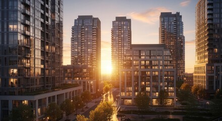 Fototapeta premium Modern cityscape architecture with sunset sunlight and contemporary buildings