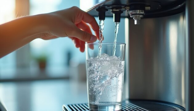 Hand fills glass with ice and fresh cold water from dispenser. Person gets drink from water cooler machine. Hydration and refreshment for health.