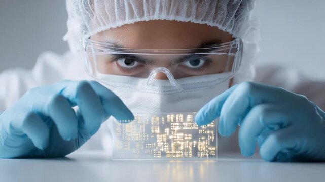 Scientist in Lab: a determined scientist conducts innovative research in a cutting-edge laboratory, focusing on intricate details and technological advancements.