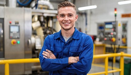 Plakat Confident young technician with a cheerful smile and arms crossed, standing prominently in a vibrant, modern industrial factory backdrop