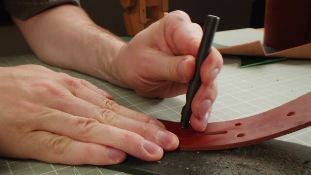 Man tailor repairing belt, artificial leather close-up. Craftsman making accessories made of genuine animal leather at workplace table. Professional atelier.