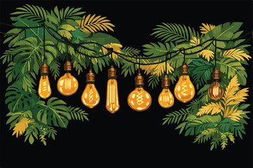 Tropical Hanging Lantern String Lights with Exotic Jungle Leaves Luxury Vector Illustration © Lamia