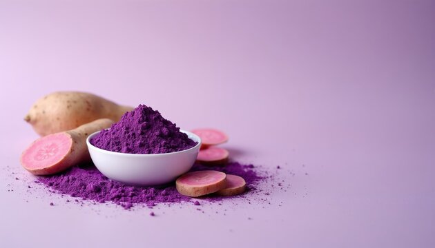 Purple sweet potato powder in bowl with sliced root. Whole tubers nearby on pastel background. Natural ingredient for healthy diet and vibrant colorant for cooking and baking.