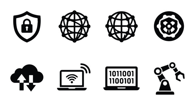 Technology Icons: Security Shield, Global Network, Cloud Data, Laptop, Binary Code, Robot Arm
