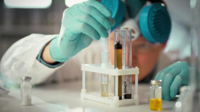In a sterile laboratory, a researcher in protective clothing and a mask carefully examines diverse chemical samples, conducting experiments aimed at synthesizing novel substances and potential drugs