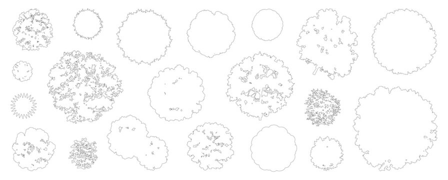 Minimal style CAD tree and shrub top view drawing, Set of graphics vegetation elements outline symbol for architecture landscape design plan. Vector illustration. forest garden section