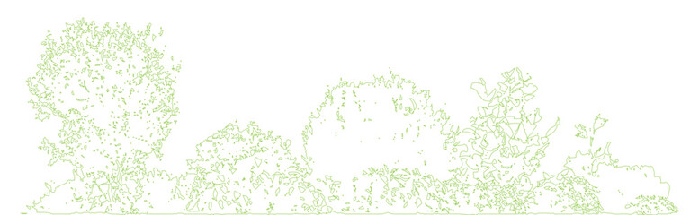 Minimal style CAD tree and shrub line drawing, Side view, set of graphics vegetation elements outline symbol for architecture landscape design drawing. Vector illustration. forest garden section © Addictive Stock