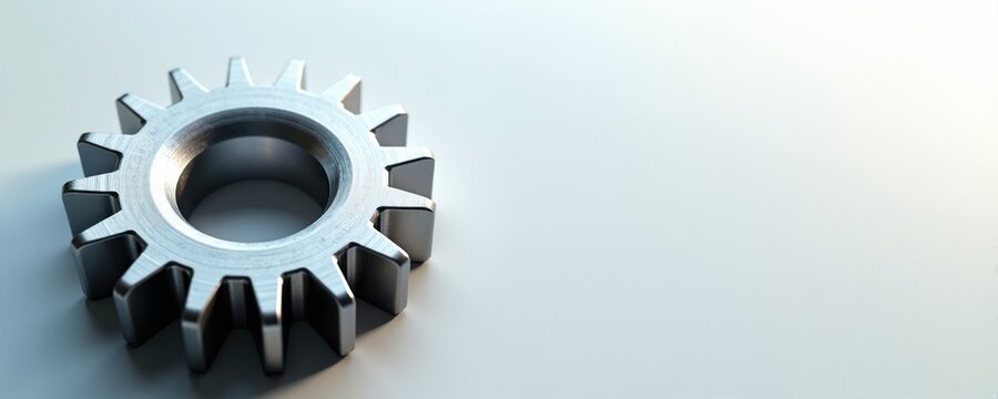 Single metallic gear sits on plain surface. This part symbolizes mechanics industry engineering manufacturing and production. It represents precision efficiency and work.