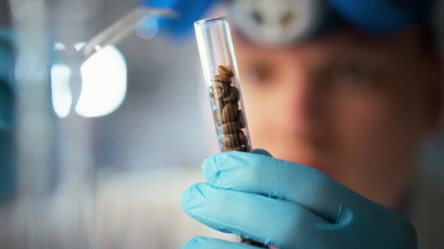 In a styrene lab, a laboratory technician conducts coffee-bean research, meticulously examining each bean with tweezers before placing it into a test tube, highlighting precise scientific analysis