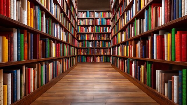 Tall Book Stacks in Archive Aisle with Colorful Covers and Wooden Floor