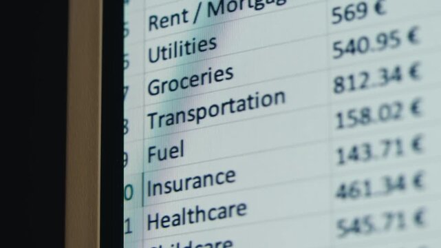 Close-up of financial cash flow data on PC screen. Mortgage payment sheet schedule. Loan fee
