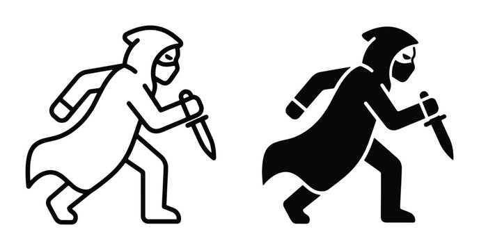 black and white vector illustration of two robbers with knives running