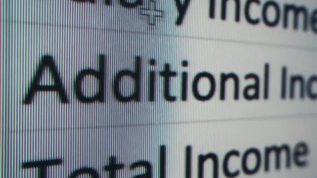 Close-up of financial cash flow data on PC screen. Mortgage payment sheet schedule. Loan fee