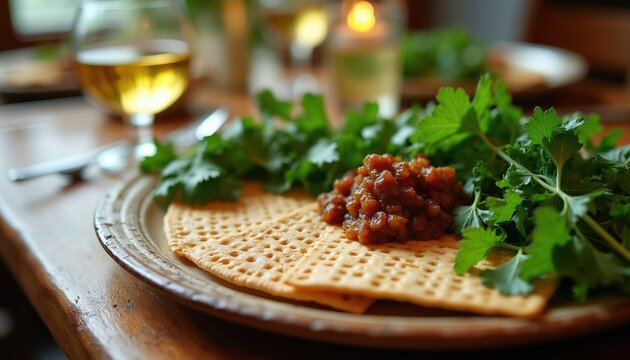 Seder plate with matzah greens charoset and wine. Traditional Jewish meal for Passover holiday. Family celebrates freedom and remembrance. Religious observance and cultural food.
